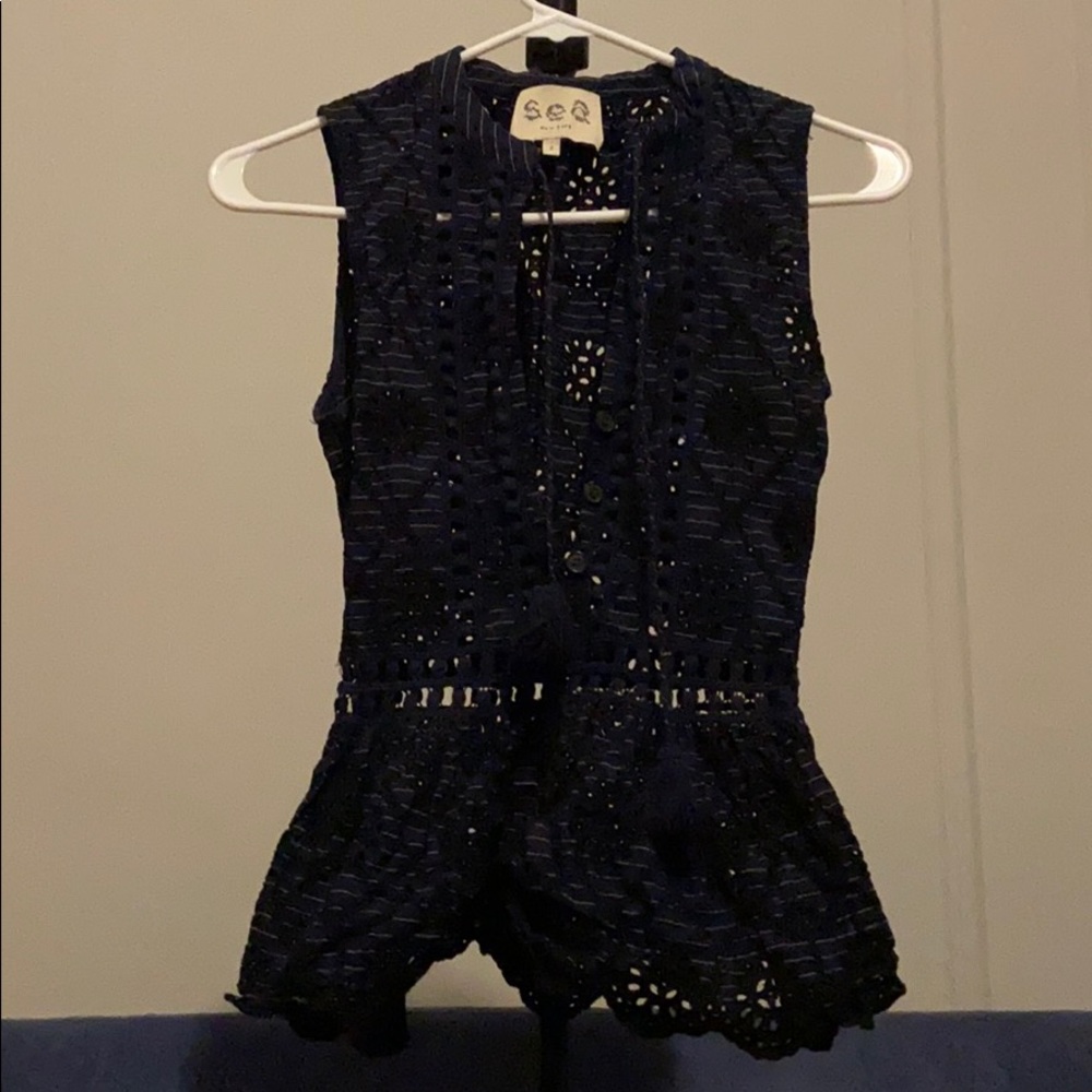 Sea New York Navy Eyelet Peplum Top